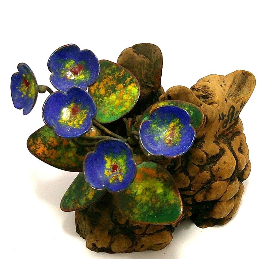 Vintage Violet Enameled on Copper Burlwood Base Norman Brumm? "Lei " Sculpture